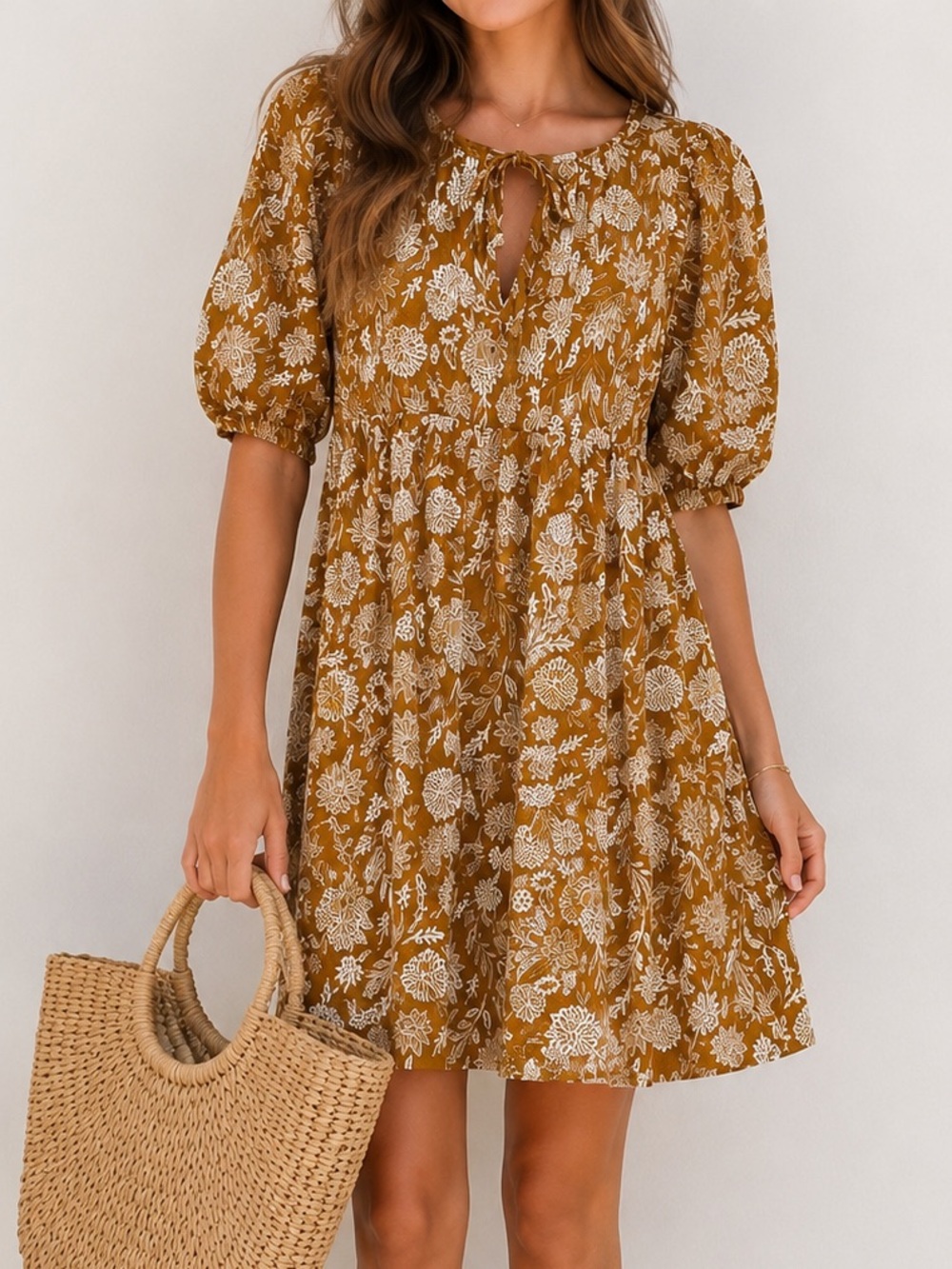 Floral Tie-Neck Mini Dress in Mustard and White
